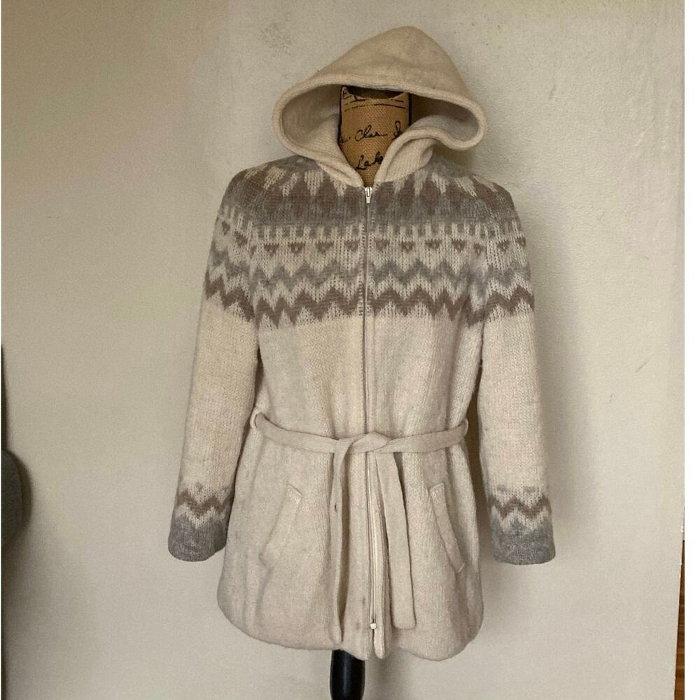 Vtg Hilda Ltd Wool Icelandic Zip Hooded Sweater Jacket Tie Belt Women's S